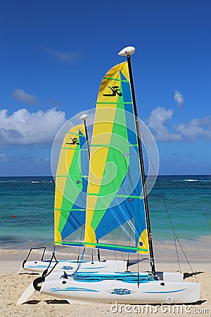Hobie Cat catamaran ready for tourists at Bavaro Beach in Punta Cana Editorial Stock Photo