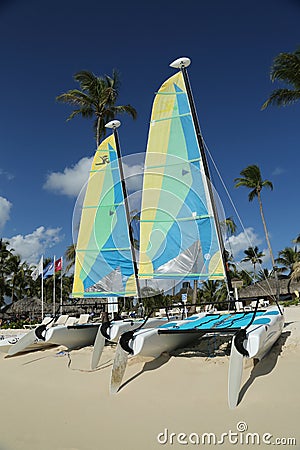 Hobie Cat catamaran ready for tourists at Playa Bayahibe Beach in La Romana Editorial Stock Photo