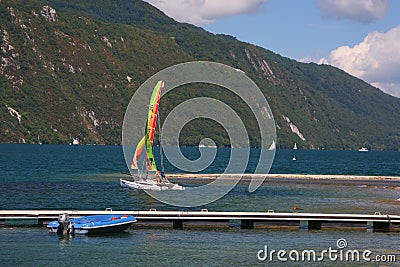 Hobie cat sailing on Lac du Bourget Editorial Stock Photo