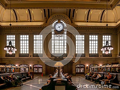 Landscape interior view of the Beaux-Arts style Hoboken Terminal, built it in 1907 by architect Editorial Stock Photo