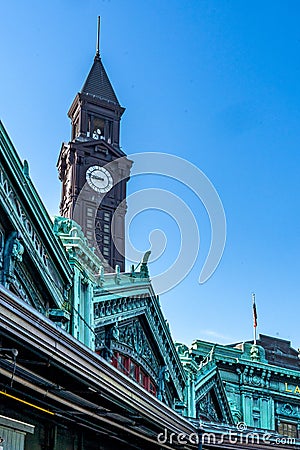 Vertical exterior view of the Beaux-Arts style Hoboken Terminal, built it in 1907 by architect Editorial Stock Photo