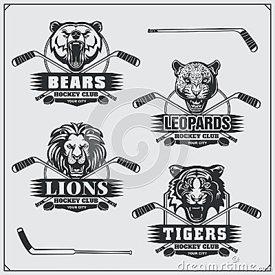 Hockey badges, labels and design elements. Sport club emblems with bear, lion, tiger and leopard. Vector Illustration