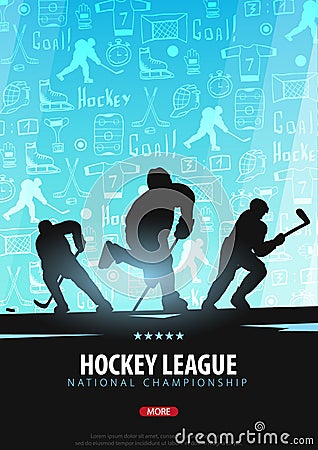 Hockey banner with players and doodle elements on the background. Vector illustration. Vector Illustration