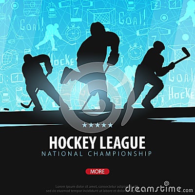 Hockey banner with players and doodle elements on the background. Vector illustration. Vector Illustration