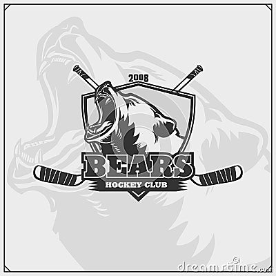 Hockey club emblem with head of bear. Print design for t-shirt. Vector Illustration