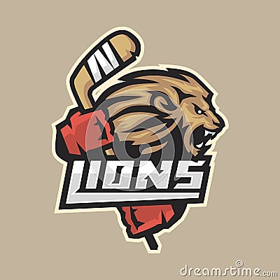 Hockey emblem ferocious lion with stick Vector Illustration