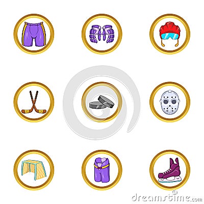 Hockey equipment icon set, cartoon style Vector Illustration