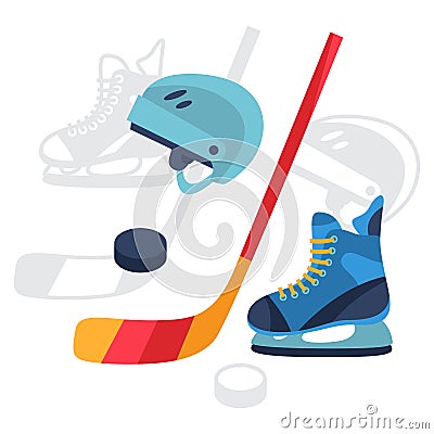 Hockey equipment icons set in flat design style Vector Illustration