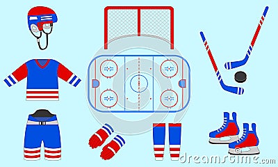 Hockey equipment set. Vector illustration. Isolated icons for winter sports designs. Hockey puck, stick, rink, skates, field, helm Cartoon Illustration