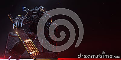 Hockey goalie cyborg metal agressive stance red machine with fire metal spikes and sparks on dark background. hard Stock Photo