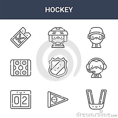 9 hockey icons pack. trendy hockey icons on white background. thin outline line icons such as mouth guard, sports announcer, Vector Illustration