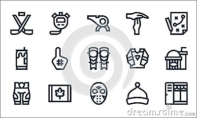 Hockey line icons. linear set. quality vector line set such as lockers, hockey mask, pant, beanie, canada, beer can, clothes, time Vector Illustration