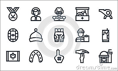 Hockey line icons. linear set. quality vector line set such as popcorn, foam hand, canada, time out, mouth guard, stadium, coach, Vector Illustration