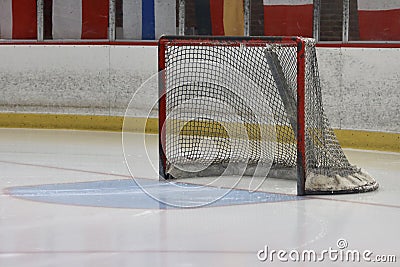 Hockey net empty on the ice Stock Photo