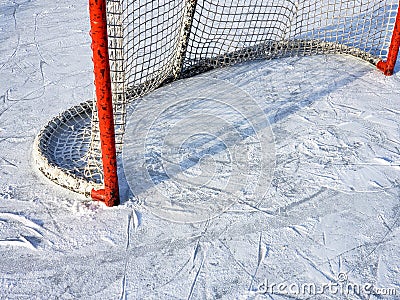 A hockey net at the local outdoor skating rink. Stock Photo