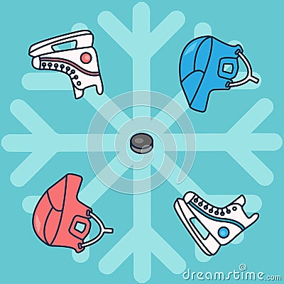 Hockey ornament with hockey helmet puck and sport skates in the style of flat vector graphics pattern Vector Illustration