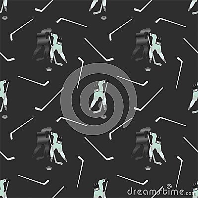 Hockey pattern with players. Dynamic movement of attack, fight for the puck. Seamless sports illustration. Vector Illustration