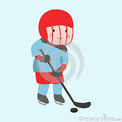 Hockey player boy with stick attitude bandage on face winter sport athlete uniform in helmet equipment and cute pretty Vector Illustration