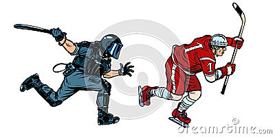 Hockey player. riot police with a baton Vector Illustration