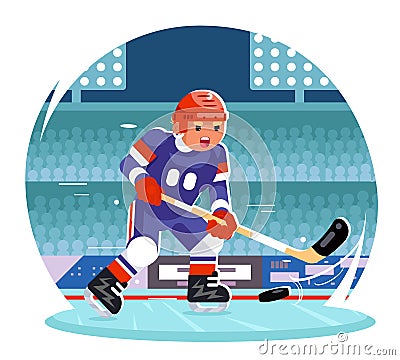 Hockey player running character stadium background flat design vector illustration Vector Illustration