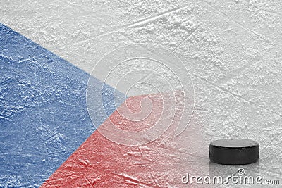 Hockey puck and the image of the Czech flag on the ice Stock Photo