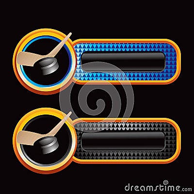 Hockey puck and stick on checkered banners Vector Illustration