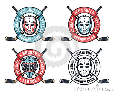 Hockey retro logo with goalie mask, crossed sticks and round ribbon Vector Illustration