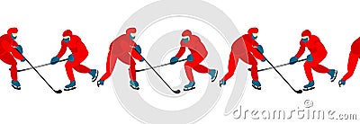 HOCKEY SCHOOL. People play hockey. Winter sports. Skates and clubs. Seamless border illustration Cartoon Illustration