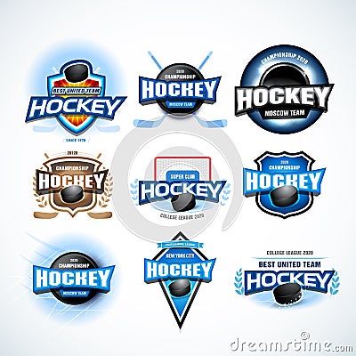 Hockey sport team logotype templates set. Hockey team logo template. Hockey emblem, logotype template, t-shirt apparel design. Vector Illustration