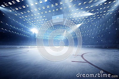 Hockey stadium with fans crowd and an empty ice rink Stock Photo