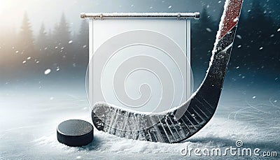 Hockey Stick And Hockey Puck On Snow Banner. Hockey Banner With Copyspace and Text Space Stock Photo