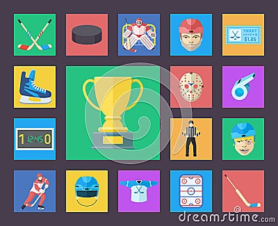 Hockey vector icons set. Flat style Vector Illustration