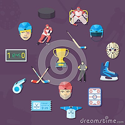 Hockey vector icons set. Flat style. Vector Illustration