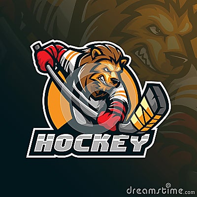 Hockey vector mascot logo design with modern illustration concept style for badge, emblem and tshirt printing. angry lion hockey Vector Illustration