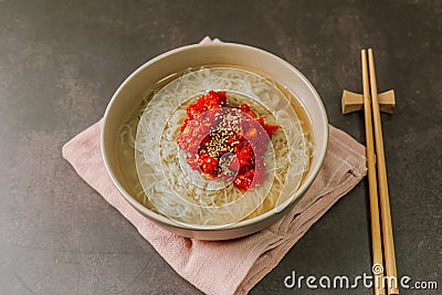 Hoenaengmyeon, Korean style Cold Buckwheat Noodles with Raw Fish Stock Photo