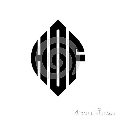 HOF circle letter logo design with circle and ellipse shape. HOF ellipse letters with typographic style. The three initials form a Vector Illustration