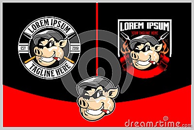 Hog with cigarette badge or shield logo template Vector Illustration