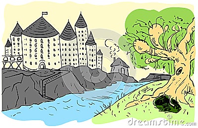 Hogwarts, fairytale castle, weeping willow and burrow, a small house by the river, potter. Vector Illustration