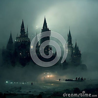 Hogwarts school at night covered in fog digital art Cartoon Illustration