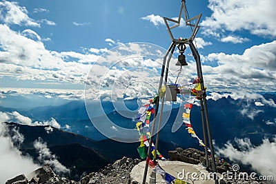 Hohe Warte - Prayer flags on top of the Alpine mountain Stock Photo