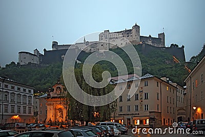 Hohensalzburg Fortress outer view at twilight Editorial Stock Photo