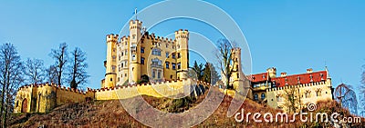 Hohenschwangau Castle in the Bavarian Alps of Germany. Panorama Editorial Stock Photo