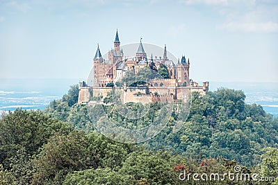 Hohenzollern Castle in summer morning, Germany. It is famous landmark in Stuttgart vicinity. Landscape of Swabian Alps with Gothic Editorial Stock Photo