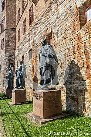 HOHENZOLLERN, GERMANY - AUGUST 31, 2019: Hohenzollern family members statues at Hohenzollern Castle in the state of Editorial Stock Photo