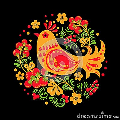 Hohloma bird with floral ornament on black background in round shape Vector Illustration