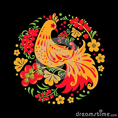 Hohloma bird with floral ornament on black background in round shape Vector Illustration