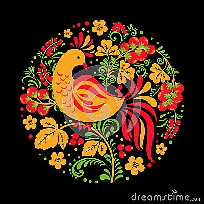 Hohloma bird with floral ornament on black background in round shape Vector Illustration