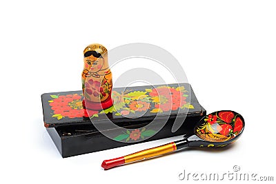 Hohloma products -casket, nesting doll and spoon - Image Stock Photo