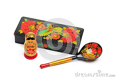 Hohloma products -casket, nesting doll and spoon - Image Stock Photo