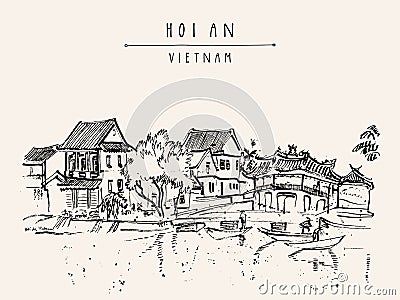 Hoi An, ancient seaside fishing village, Vietnam. Old town riverside. Historic district. Waterfront houses, river. Hand drawn Vector Illustration